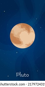 Star system planet Pluto vector illustration. Astronomical object art concept on night sky vertical space background with cartoon style minor planet Pluto for children fantasy graphic design