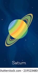 Star system planet Saturn vector illustration. Celestial sphere object graphic concept with space planet Saturn on starry night sky comic style vertical background for universe art decoration.