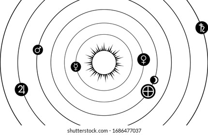 Star system with planetary symbols used in astrology, occult, alchemy. White & black background.