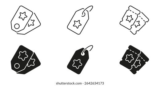 Star Tag And Ticket Line and Silhouette Icon Set. Discount Labels And Event Admission Symbols Collection. Retail Pricing And Entertainment Access Symbols. Isolated Vector Illustration.