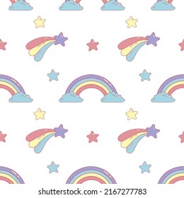 Star with a tail and rainbow with clouds on seamless pattern. Vector cartoon illustration from y2k