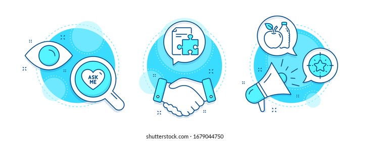 Star target, Apple and Strategy line icons set. Handshake deal, research and promotion complex icons. Ask me sign. Winner award, Diet food, Puzzle. Love sweetheart. Vector