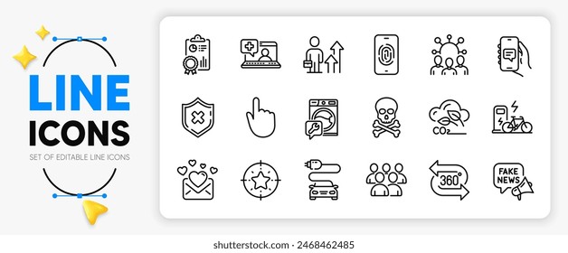 Star target, Car charge and Reject protection line icons set for app include Chat app, Love mail, Fake news outline thin icon. Co2 gas, Fingerprint, Inspect pictogram icon. 360 degree. Vector