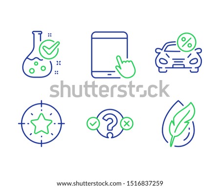 Star target, Tablet pc and Car leasing line icons set. Chemistry lab, Quiz test and Hypoallergenic tested signs. Winner award, Touchscreen gadget, Transport discount. Laboratory flask. Vector