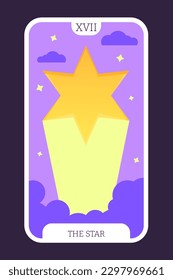 The Star tarot cartoon flat card template major arcana. Taro vector illustration spiritual signs with esoteric magic and astrology symbols. Isolated colored graphic. Witchcraft concept EPS