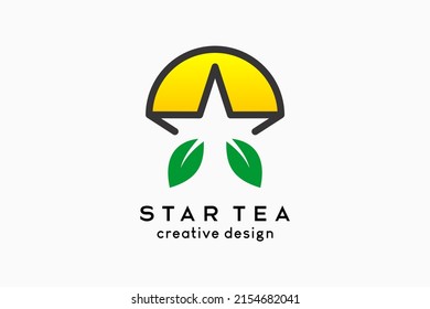 Star tea logo design, tea leaf icon combined with star icon and sun icon in a creative concept. Vector logo illustration for beverage business.