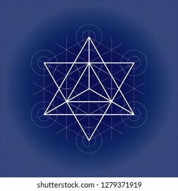 Star tetrahedron from Metatrons cube, sacred geometry illustration on technical paper