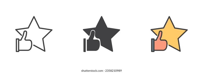 Star and thumb up different style icon set. Line, glyph and filled outline colorful version, outline and filled vector sign. Customer review symbol, logo illustration. Vector graphics