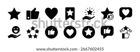 Star, thumb up and heart favorite button icon vector set. Contains quality, review, positive feedback, rating, premium, excellence, success, satisfaction, opinion, achievement, reward, grade