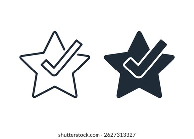 Star with a tick. Successfully completed.  Task done accepted .Vector linear icon isolated on white background.
