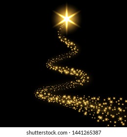 Star trail isolated black background. Gold magic light comet, golden glittering sparkles. 