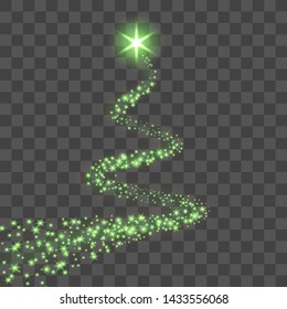Star trail isolated black transparent background. Green light comet, glittering sparkle. Twinkle glitter shooting. Magic effect, wave Christmas decoration. Abstract stardust Vector illustration