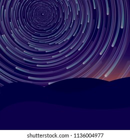 Star trail. Night sky. Landscape. Vector illustration.