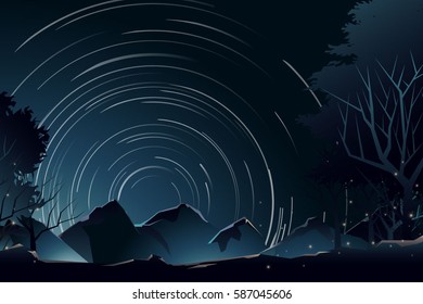 star trail over mountain in forest