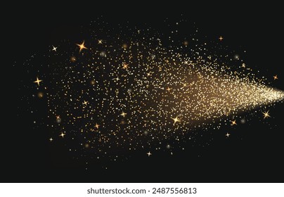 Estrella rastro o salpicadura de spray con polvo mágico de resplandor dorado y chispas sobre fondo negro. Brillo dorado con efecto brillo. Ilustración vectorial realista de flujo de polvo brillante y explosión.