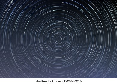 Star Trails In A Night Sky, Long Exposure Style Realistic Circular Star Arcs Pattern, Star Motion Due To Earth's Rotation A Vector Illustration