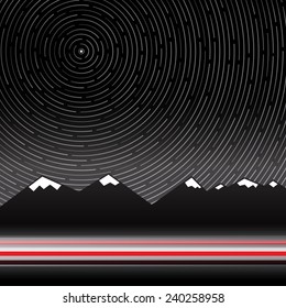 Star Trails Vector Illustration with Mountains on Background