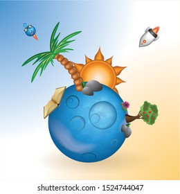 Star with trees, with spaceship and space and book