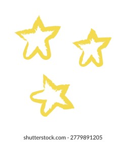 Star trio sketched with rough crayon texture in loose childlike outlines. Symbol of dream, wonder, magic, and night sky whimsy for kid theme graphics. Cartoon vector illustration.