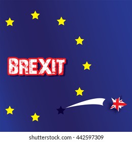 Star of the United Kingdom Flag striped jump from flag of European Union , text BREXIT , meaning rupture of United kingdom and European union, vector illustration