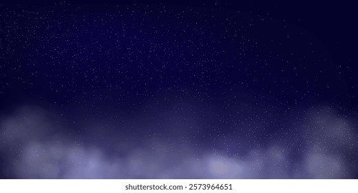 Star universe night blue black sky with shining stars, cosmic dust and white clouds in the bottom. Magic universe background. Fantasy sky backdrop. Realistic vector Illustration.