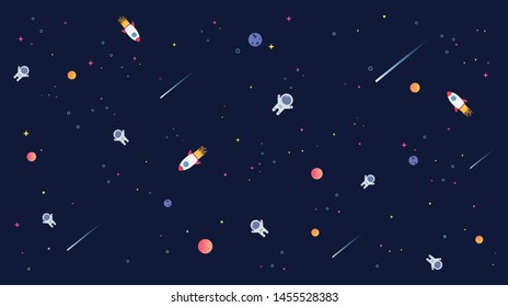 Star universe with rocket, astronaut and planet in galaxy background pattern illustration. Flat design for kid.