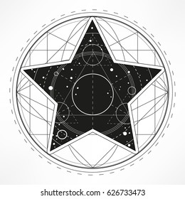 Star with universe sacred geometry. Abstract mystic sign supernova births. Space background with stars and planets. Modern hipster insignia. Good element for  sticker or as a print, flyer and posters.
