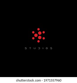 Star unusual shape, dots aim, digital tech logo template, abstract red flower on black background, round identity symbol, isolated vector logo.