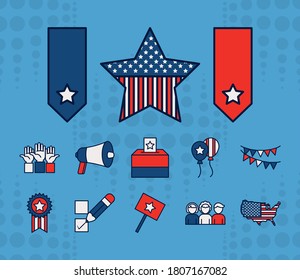 star and usa elections icon set over blue background, line and fill style, vector illustration