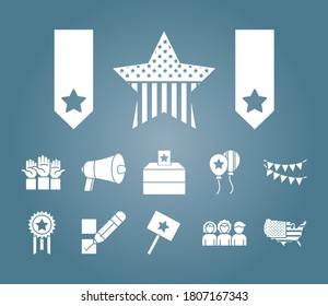 star and usa elections icon set over blue background, silhouette style, vector illustration