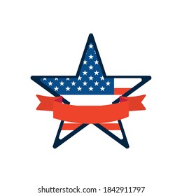 star with usa flag design with decorative ribbon over white background, flat style, vector illustration