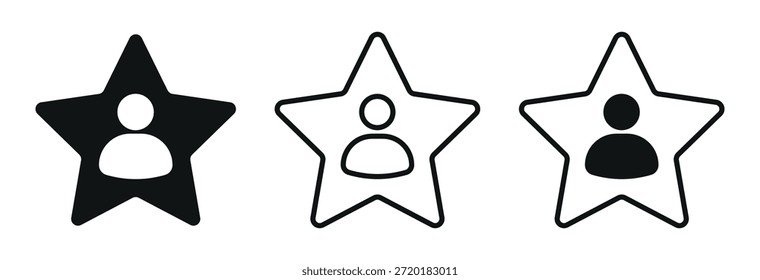Icono de usuario de estrella con persona dentro de la forma de estrella, que representa al miembro destacado, al mejor rendimiento, a la calificación, al logro y al concepto de reconocimiento