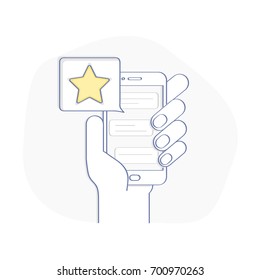 Star - user rating, bookmark and evaluation icon in the bubble over mobile phone. Social media concept of user opinion, review, feedback. Flat line vector illustration, UX / UI element for web design