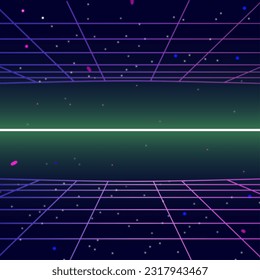 Star vector. Futuristic technological grid background. Digital Cyber Surface. Digital futurist cyberspace design. Shining Green floor ground particles stardust with flare. Retro cyberpunk.