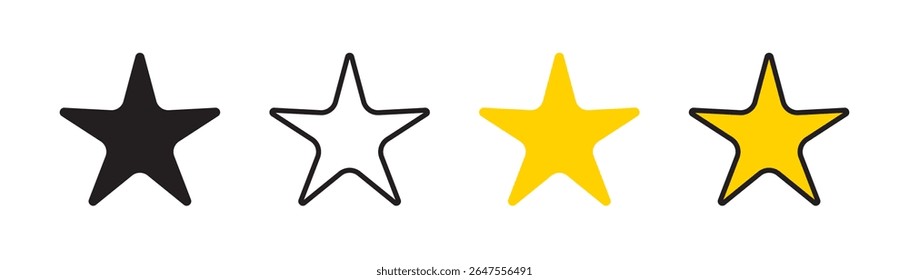 Conjunto de iconos de Vector de estrella. Colección de iconos de vectores de estrellas negras y doradas. Estrellas de estilo plano y de contorno aisladas sobre fondo blanco para calificación, premios y diseño decorativo.