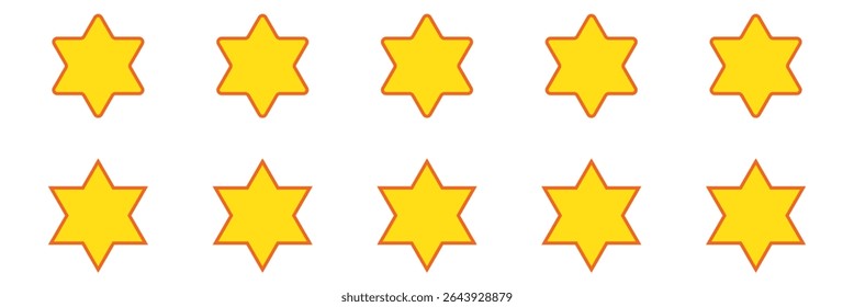 Star vector icon set illustration. Five stars customer product review icon set, featuring yellow 5-star rating flat icons for apps and websites. Represents quality, customer rating and feedback. 