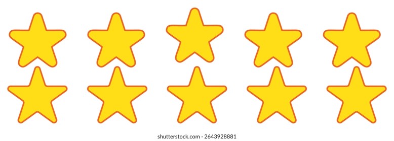 Star vector icon set illustration. Five stars customer product review icon set, featuring yellow 5-star rating flat icons for apps and websites. Represents quality, customer rating and feedback. 