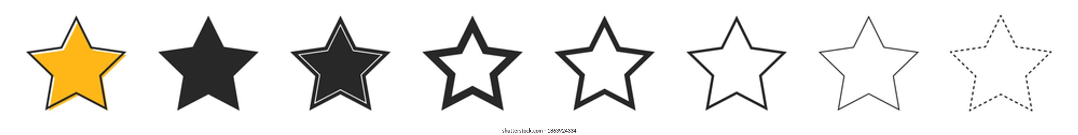 Iconos vectoriales de estrella. Conjunto de símbolos de estrella sobre fondo blanco. Ilustración vectorial. Varias estrellas negras de cinco puntas