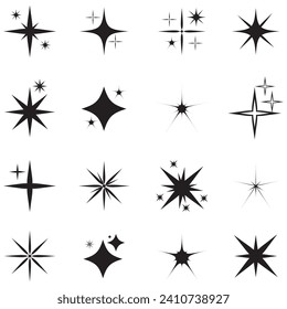 Stern-Vektorsymbole gesetzt. Zwirnende Sterne Illustration. Falten, leuchtender Berst. Weihnachtsvektorsymbole einzeln