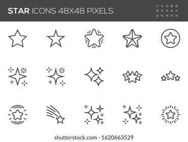 Star vector line icons set. Shining stars, five-pointed star. Glow, twinkle, glitter. Editable stroke. 48x48 Pixel Perfect.