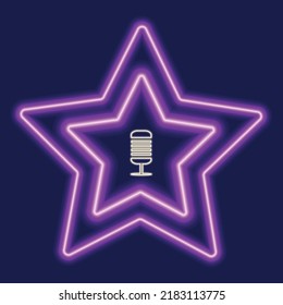 Star Vector. Neon microphone, light banner. Advertising bright for karaoke bar, party, night club. Illuminated illustration