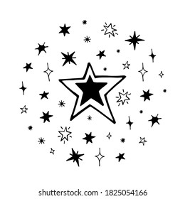 Star vector poster. Celestial collection of elements: stars, moon, cloud, sun, constellation, comet, space, galaxy. Round banner for design covers, packaging, stickers, decor