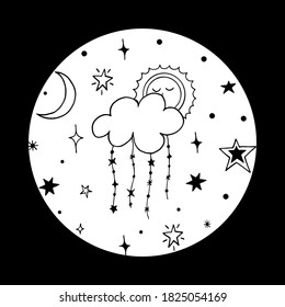 Star vector poster. Celestial collection of elements: stars, moon, cloud, sun, constellation, comet, space, galaxy. Round banner for design covers, packaging, stickers, decor