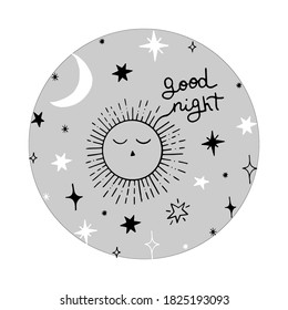 Star vector poster. Celestial collection of elements: stars, moon, cloud, sun, constellation, comet, space, galaxy. Round banner for design covers, packaging, stickers, decor