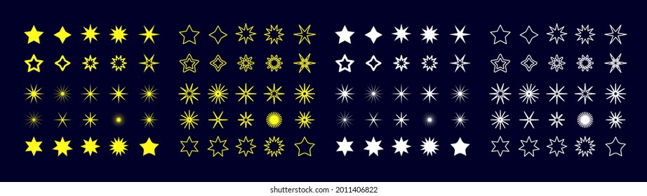 Star vector set - Collection of stars in various shapes on black background. Graphical and design elements.