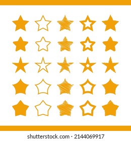 Star vector in various styles. Set of yellow stars cartoon flat design isolated on white background. Vector illustration.