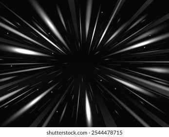 Star warp background. Dynamic stars light streaks of fast speed motion through space, hyper jump or hyperspace visual effect. Radial zoom effect abstract vector illustration.