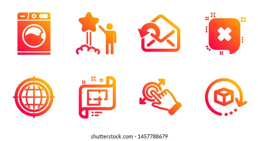 Star, Washing machine and Send mail line icons set. Seo internet, Reject and Architectural plan signs. Touchscreen gesture, Return package symbols. Launch rating, Laundry service. Vector