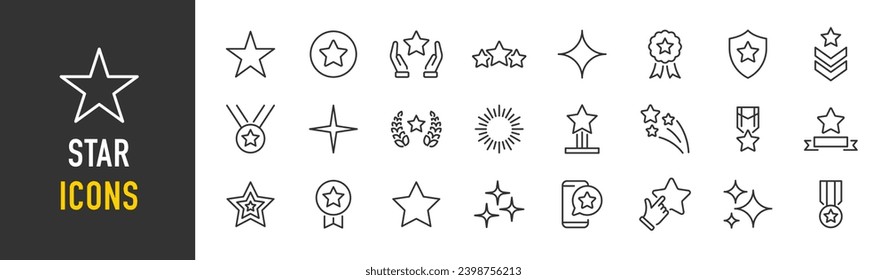 Iconos web de estrella en estilo de línea. Clasificación, medalla, fuegos artificiales, premio, colección. Ilustración vectorial.	