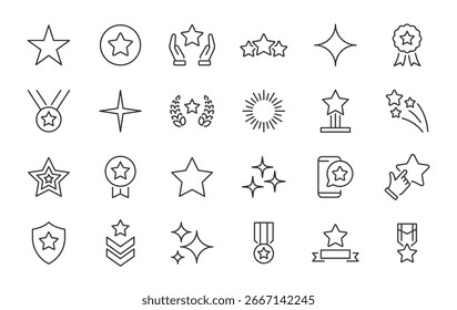 Estrella iconos web en estilo de línea. Calificación, medalla, fuegos artificiales, premio, colección. Ilustración vectorial.	